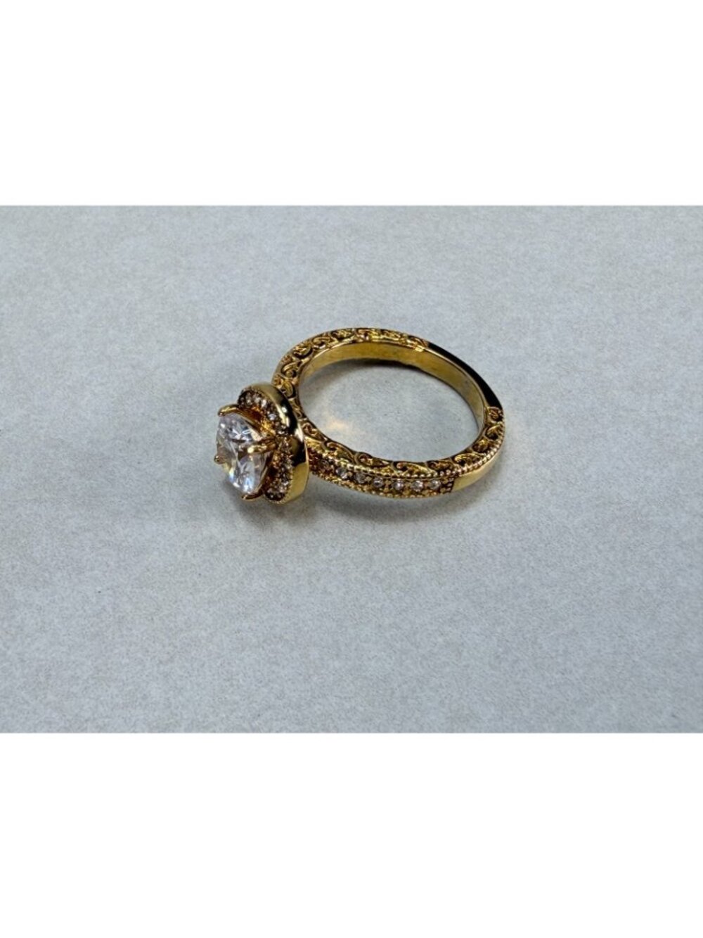 Gold Tone Halo CZ Engagement Style Ring Round Clear Stone Size 8 - Picture 7 of 8